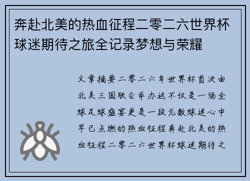 奔赴北美的热血征程二零二六世界杯球迷期待之旅全记录梦想与荣耀